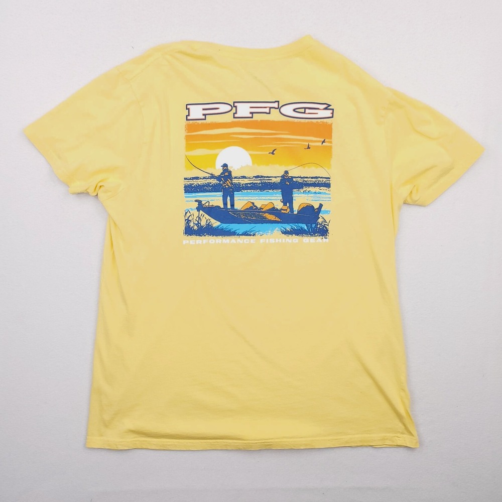 Columbia Shirt Mens Extra Large Yellow PFG Fishing Sunrise Sunset Boat Outdoor